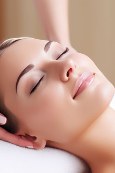 Woman receiving cranial sacral massage in spa.